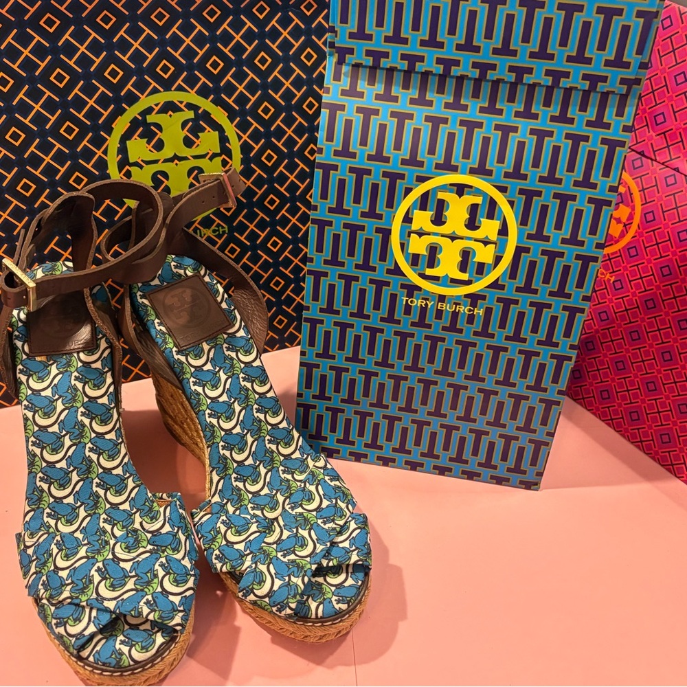 Tory Burch Patterned Blue and Brown Wedges
